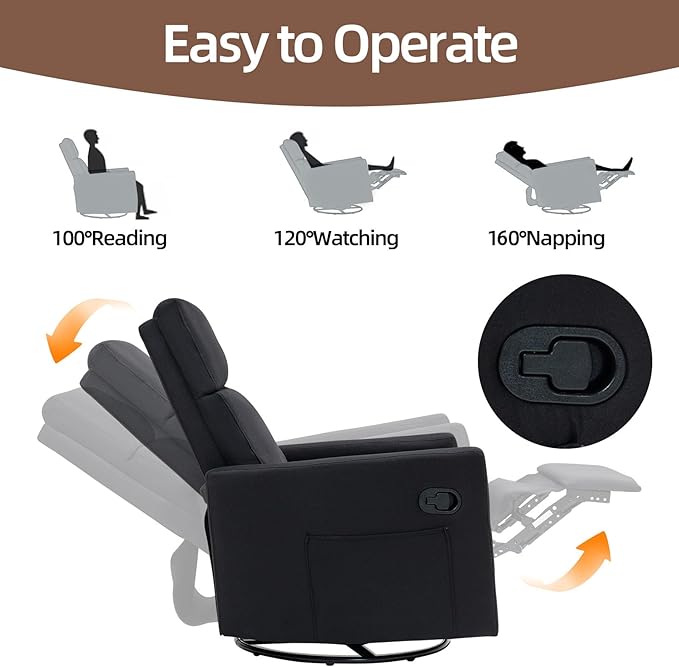 Swivel Rocker Recliner Chairs Set of 2, Upholstered Fabric Nursery Rocking Glider Chair with Adjustable Backrest and Footrest, Lay Flat Recliner Single Lazy Sofa for Living Room(Black)