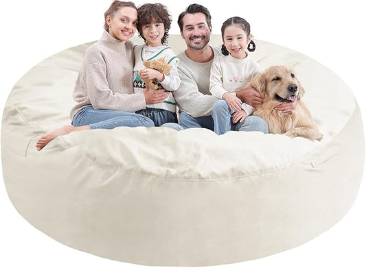7FT Bean Bag Chair, Large Bean Bag Chairs with Memory Foam Filled, Fluffy Beanbag Sofa with Dutch Velvet Cover, Round BeanBag Chairs for Living Room, Playroom - Beige