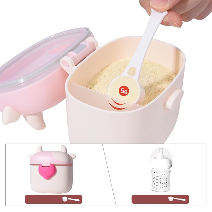Bebamour Baby Formula Dispenser On The Go, Formula Container to Go, Formula Holder for Travel, Candy Fruit Snack Storage Container with Scoop and Leveller (Light Pink Cow)