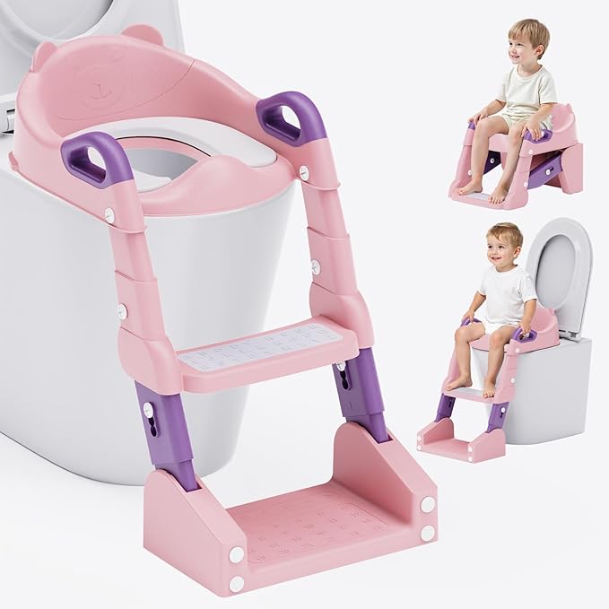 Potty Training Seat, 3-in-1 Toddler Toilet Seat with Step Stool Ladder, Splash Guard Anti-Slip Pad, Foldable Potty Chair with Soft Cushion for Toddler Kids Boys Girls