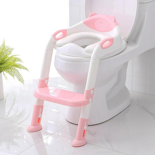 Potty Training Seat with Step Stool Ladder, SKYROKU Potty Training Toilet for Kids Boys Girls Toddlers - Comfortable Safe Potty Seat with Anti-Slip Pads Ladder Pink