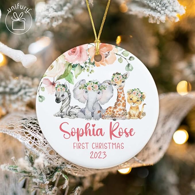 Unifury Personalized Baby First Christmas Ornament 2024, Keepsake for Babies First Christmas Tree, Holiday Decor for Celebrating Ceramic Babys 1st Christmas Ornament 2024, Safari Animal Floral