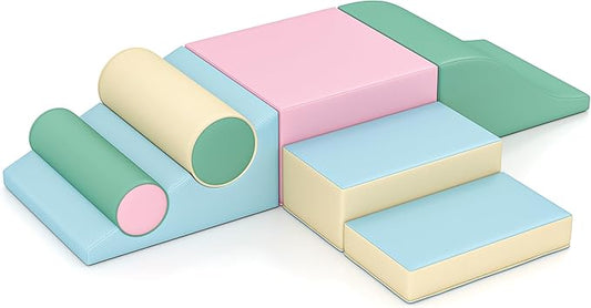 Soft Climbing Toys for Toddlers, Soft Foam Climbing Blocks, PU Leather Gym Climb & Crawl Soft Activity Playset, Indoor Climbing Toys Equipment for Kids and Children, Classic Grey, Macaron