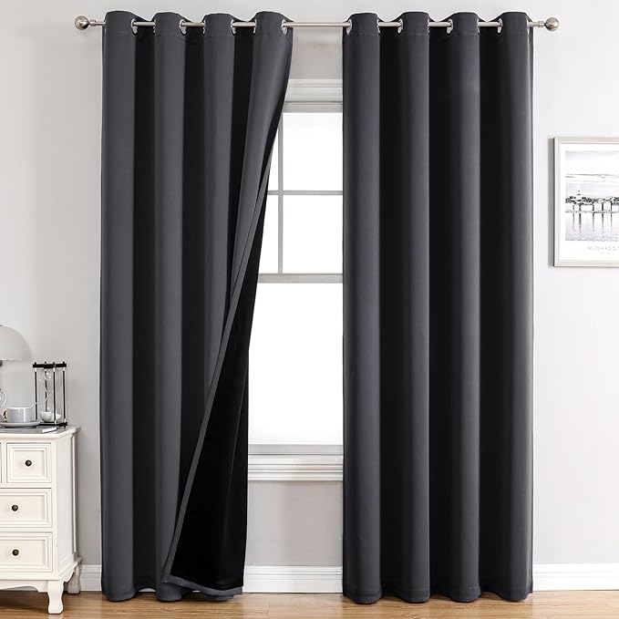 ChrisDowa 100% Blackout Curtains 80 inch Long for Bedroom with Black Liner, 2 Thick Layers Total Blackout Thermal Insulated Grommet Window Curtains 2 Panels Set (Dark Grey, 52 x 80 Inch)