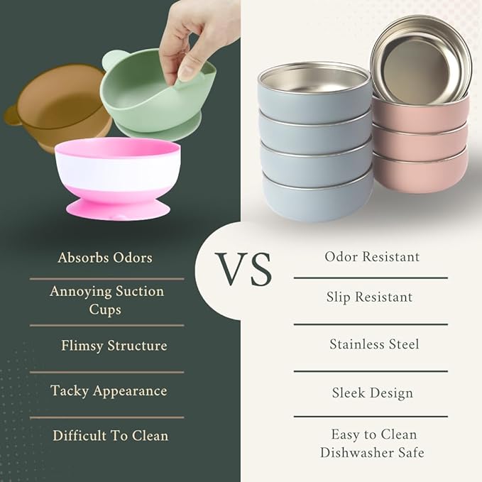 Monkey Proof™ Non-Toxic Stainless Steel Child Bowl 5” with Non-Slip Silicone Shell, Multi-color, (Set of 4 bowls) Unbreakable, Mess Free Feeding for Babies, Toddlers, Kids, BPA free