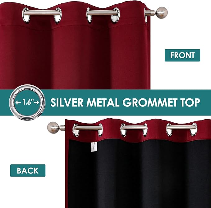 ChrisDowa 100% Blackout Curtains 63 inch Long for Bedroom with Black Liner, Extra Wide 2 Thick Layers Total Blackout Thermal Insulated Grommet Window Curtains 2 Panels Set (Burgundy, 60 x 63 Inch)