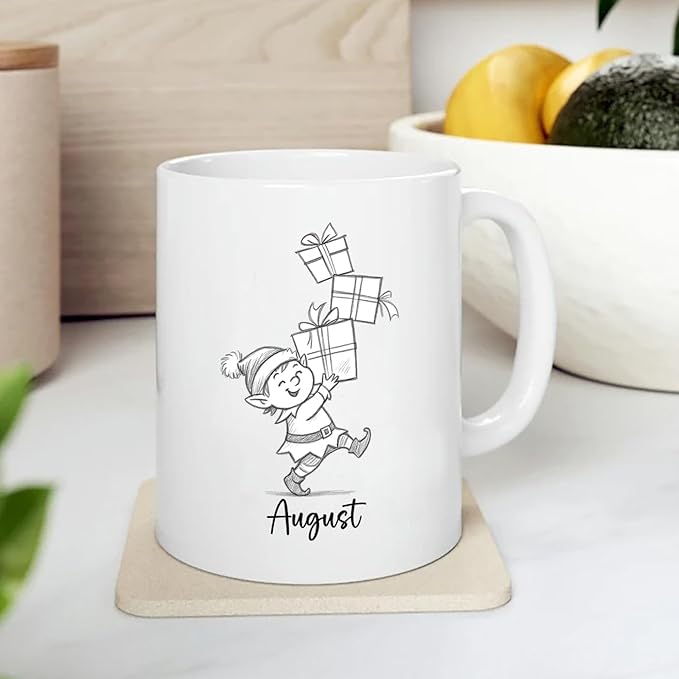 Elf With Box Coffee Mug Gift For Men Boy Grandson Christmas, Personalized Name Kids Accent Teacup, Customized Elf Travel Coffee Cup Gift For Nephew on Birthday Christmas, Elves White Mug 11 Oz 15 Oz