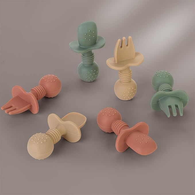 6 Pack Baby Spoons and Forks Set, Silicone First Stage Self Feeding Infant Toddler Utensils, BPA Free, Baby Led Weaning Feeding Supplies for Baby Essentials