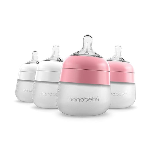 Nanobebe Flexy Silicone Baby Bottle, Anti-Colic, Natural Feel, Non-Collapsing Nipple, Non-Tip Stable Base, Easy to Clean 4-Pack, Pink/White, 5 oz