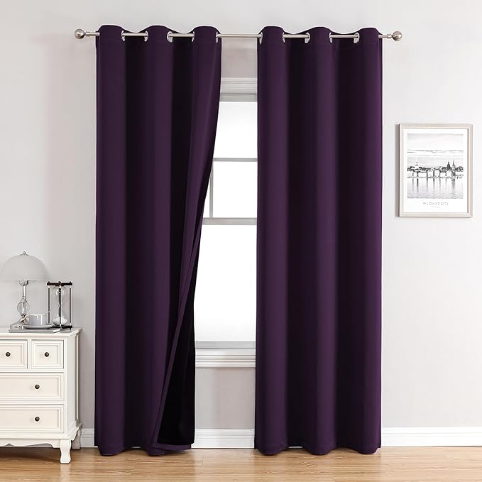 ChrisDowa 100% Blackout Curtains for Bedroom with Black Liner, 2 Thick Layers Total Blackout Thermal Insulated Grommet Window Curtains 2 Panels Set (Royal Purple, 42 x 84 Inch)