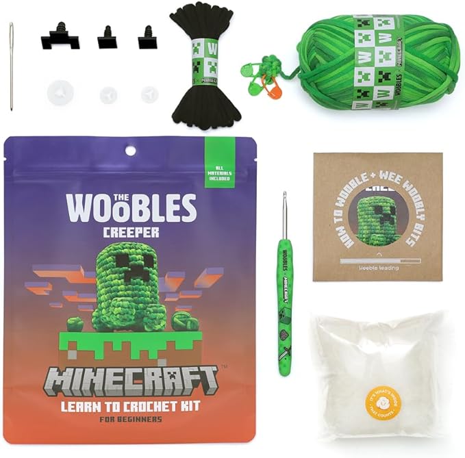 The Woobles Minecraft Crochet Kit – Beginner Crochet Kit for Adults & Kids, Easy Knitting Kit with Woobles Yarn, DIY Crafts, Crochet Animals, Minecraft Toys, Gift for Gamers & Crafters (Creeper)