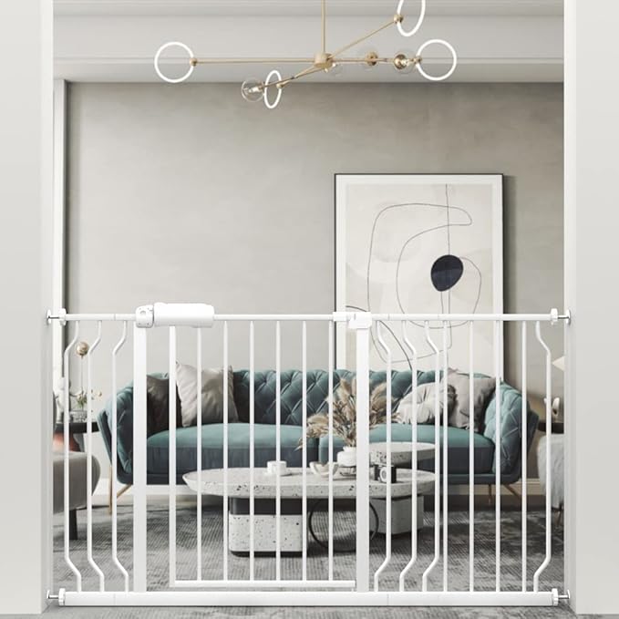 WAOWAO Baby Gate 48.03-52.72" Extra Wide Pressure Mounted Walk Through Swing Auto Close Safety White Metal Toddler Kids Child Dog Pet Puppy for Stairs,Doorways,Kitchen