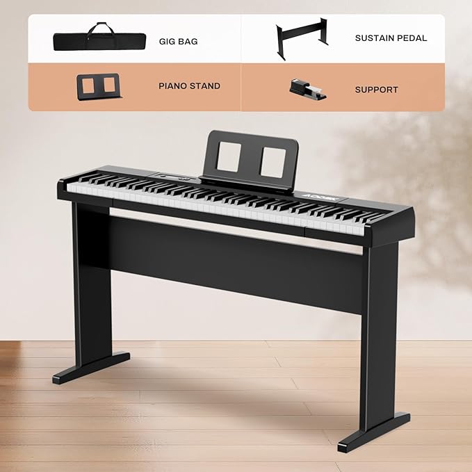 Aodsk 88 Key keyboard piano, Portable Digital Piano with Wooden stand Set for Beginners,128 Tone,128 Rhythm, 20 Demo Song, with Sustain Pedal, Carrying Case, Complimentary Online Piano Lessons