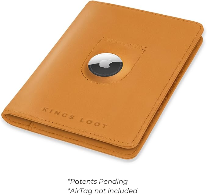 Kings Loot Passport Holder Wallet | RFID Blocking Leather Travel Wallet with Built-in Airtag Holder | Holds 1-6 Cards & Passport | Easy Pull Tab | Travel Wallets (Cognac)