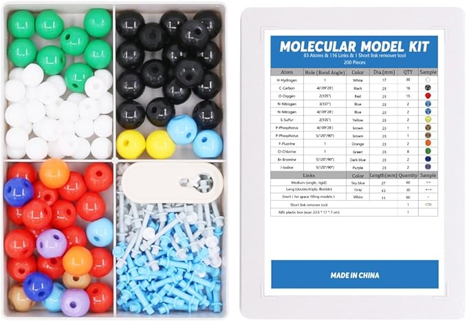 Swpeet 200 Pcs Molecular Model Kit for Organic and Inorganic Chemistry, Chemistry Molecular Model Student and Teacher Set - 83 Atoms & 116 Links & 1 Short Link Remover Tool