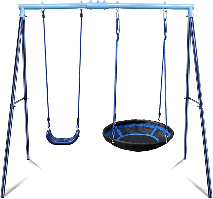 2 Seat Swing Set for Backyard - Metal A-Frame Holds 440 lbs, 1 Adjustable Saucer Swing and 1 u-Shape Swing - Suitable for Kids 3-8 Years