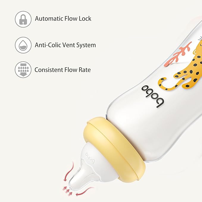 YOHKOH Natural Glass Baby Bottle with Natural Response Nipple, Newborn Anti-Colic Baby Bottles, Wide Neck Mushroom Cap Baby Bottle, Clear (8.8ounce (Pack of 2), Yellow2)