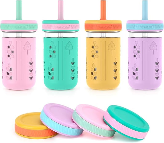 Tronco 12 oz Glass Sippy Cup for Kids & Toddlers | Mason Jar Smoothie Cups with Spill-Proof Silicone Straws, Non-Slip Silicone Sleeves & Lids, BPA-Free Snack Cups, Dishwasher Safe