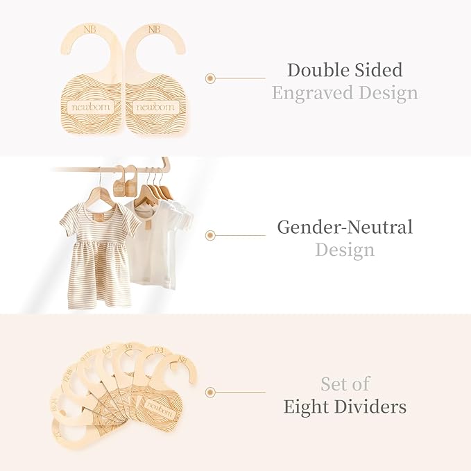 Whitluck's Baby Closet Dividers - 8-Pack Double-Sided Wooden Hangers for Organizing Baby Clothes from Newborn to 24 Months (Infant to Toddler) - Cute and Functional Nursery Decor for Boys and Girls
