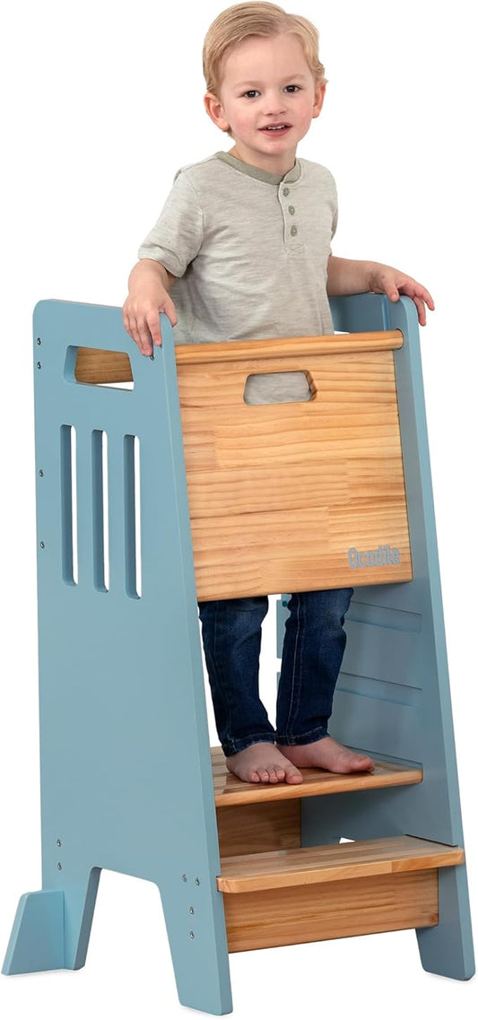 Toddler Tower with a Sliding Door and 3 Adjustable Heights - Complete Toddler Kitchen Stool Helper with Support Feet - Safe Design for 18+ Months to 6-Year-Old Kids - Blue