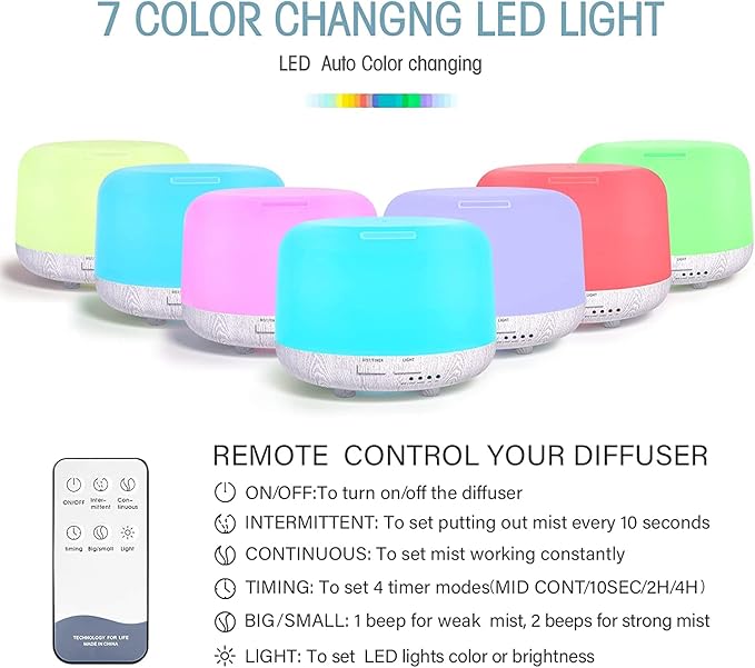 Aromatherapy Diffuser for Essential Oil, 300ml Cool Mist Humidifier with Remote Control, Aroma Diffusers for Home with Waterless Safety Switch & 14 LED Colors