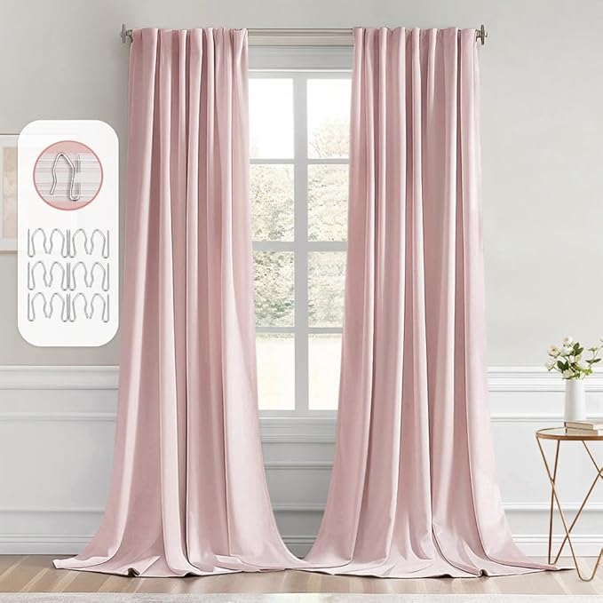MIULEE Baby Pink Back Tab Blackout Curtains 96 Inch Long 2 Panels Set for Living Room Bedroom, Rod Pocket/Pinch Pleated Long Thermal Insulated Room Darkening Light Blocking Floor to Ceiling Drapes