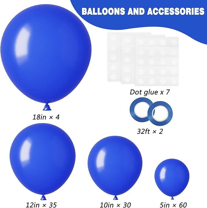 RUBFAC 129pcs Royal Blue Balloons Different Sizes 18 12 10 5 Inch, Blue Balloon Arch Kit Garland for Birthday Party Graduation Baby Shower Baseball Nautical Party Decoration