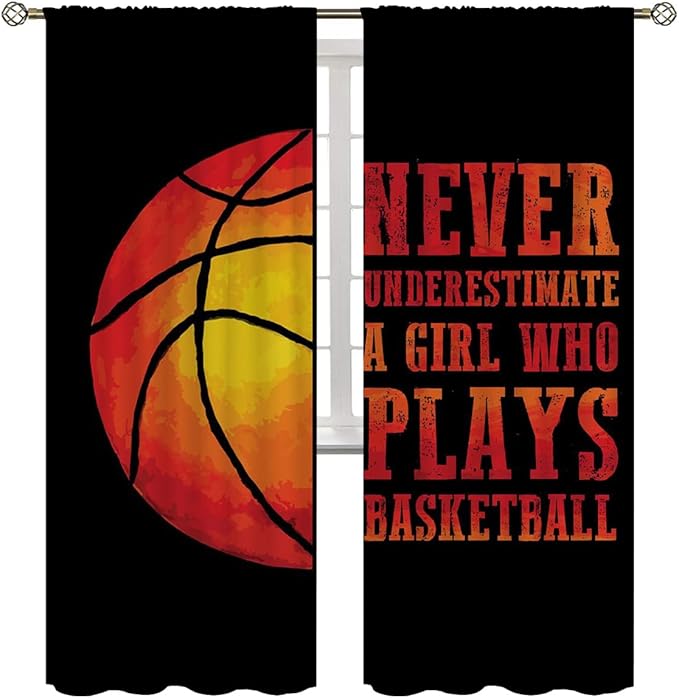 Red Basketball Blackout Curtains for Boy Girl Room Darkening Decor,Sport Theme and Motto Dark Background Bedroom Living Room Home Rod Pocket Thermal Insulated Window Curtain/Drapes Panel,72x63 Inch…