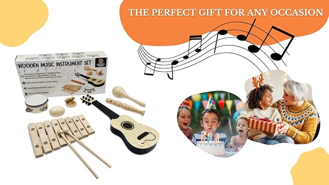 Natural Wood Musical Toys for Toddlers 1-3, Kids Musical Instruments set of 7 items Kids Guitar Egg shakers Flute Instruments Maracas Baby Xylophone Tambourine Castanets, Toddler learning Toys Experts