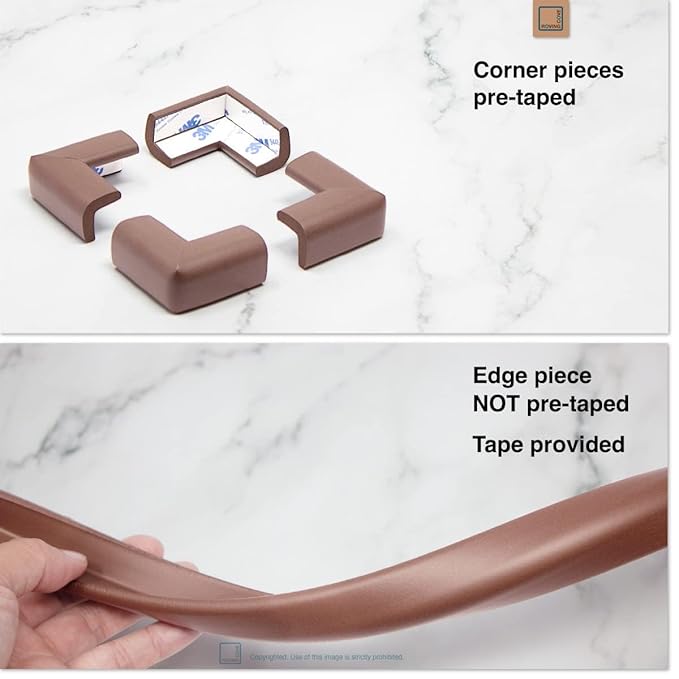 Roving Cove Slim-Fit Corner Edge Protector for Baby Proofing (Small 15ft Edge 4 Corners), Furniture Safety Bumper Guard, Soft NBR Rubber Foam, 3M Adhesive, Coffee Brown