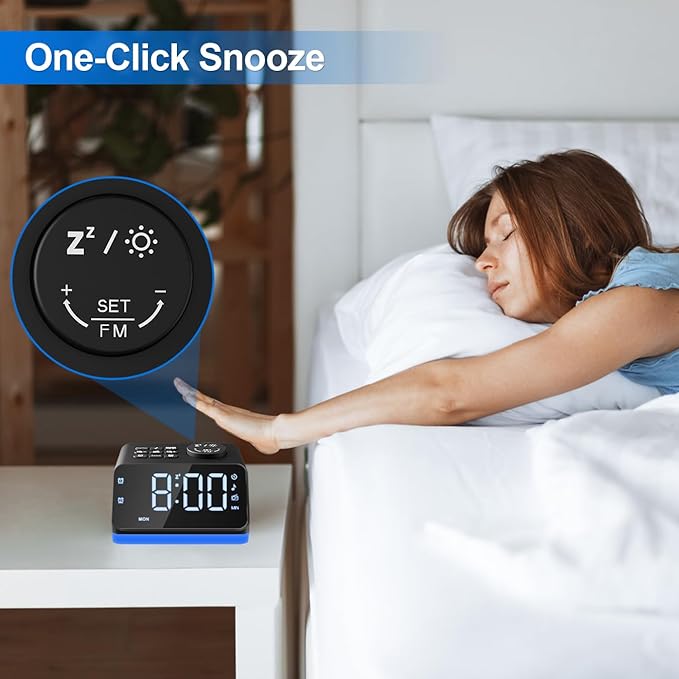 Digital Alarm Clock with FM Radio for Bedroom, 8 Colors Night Light with 2 Charging Port, Sleep Sound Machines with Timer, Dual Alarm, Loud Alarm and Easy to Use for Seniors and Kids as Gift (Black)