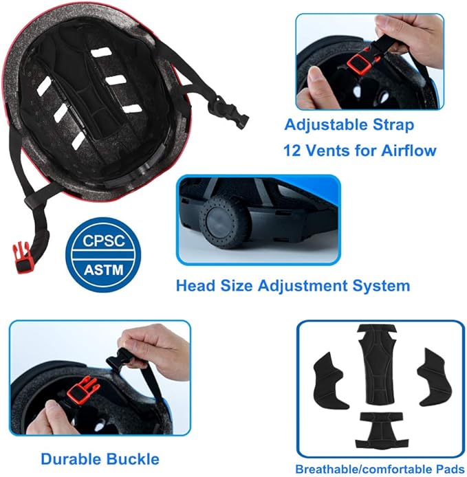 Bike Skateboard Helmet, Adjustable and Multi-Sport for Skate Scooter, 3 Sizes for Adult Youth Kids Toddler