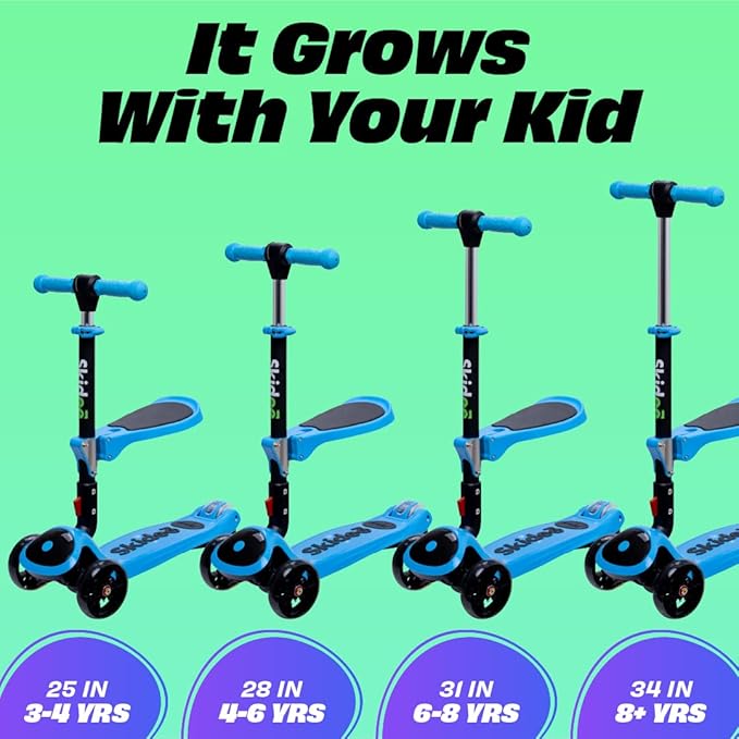SKIDEE Kick Scooters for Kids Ages 3-5, Adjustable Height Foldable Scooter with Removable Seat, 3 LED Light Wheels, Rear Brake, Wide Standing Board, Suitable Up to 12 Year Old Boys/Girls