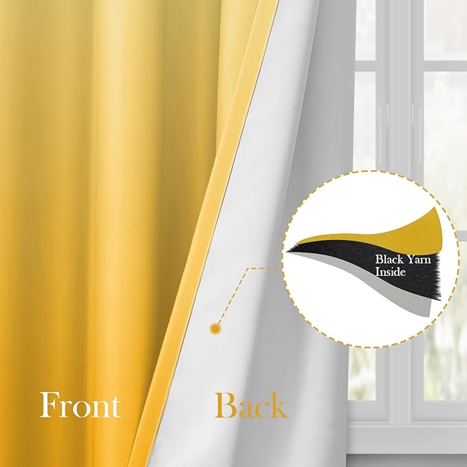 HOMEIDEAS Mustard Yellow Ombre Blackout Curtains 52 X 84 Inch Length Gradient Room Darkening Thermal Insulated Energy Saving Grommet 2 Panels Window Drapes for Living Room, Bedroom