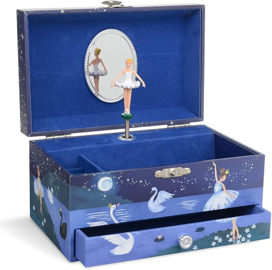 Jewelkeeper Girl's Ballerina Musical Jewelry Storage Box with Pullout Drawer, Glitter Design, Swan Lake Tune Blue