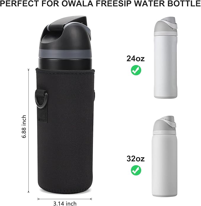 Neoprene Water Bottle Carrier Bag with Adjustable Shoulder Strap for Owala 24 OZ Tumbler, Insulated Water Bottle Cover for Owala FreeSip Insulated Water Bottle (Black, 24 OZ)