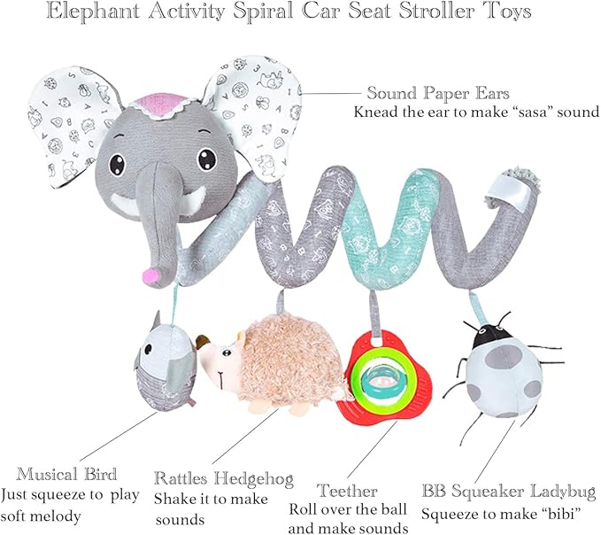 Car Seat Toys, Baby Activity Spiral Hanging Toys for Stroller Car Seat Crib Bar Bassinet Mobile, Musical Elephant Toys for Newborn Infant Boys Girls 0 3 6 12 Months