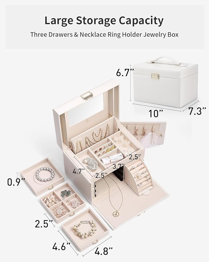 Vlando Jewelry Box Organizer for Girls Women, Large Vintage Jewelry Storage Box with Mirror, Drawers for Bracelets, Earrings, Rings, Necklaces, Mothers Day Gifts for Loved One, White, Regular