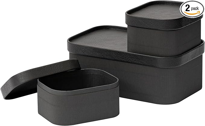 LA JOLIE MUSE Fluted Cardboard Storage Baskets with Leather-Like Lids, Paper Boxes Decorative Tray, Modern Basket Organizer Bins for Jewelry Shelve Bathroom Bedroom Organizing,Black, Set of 3