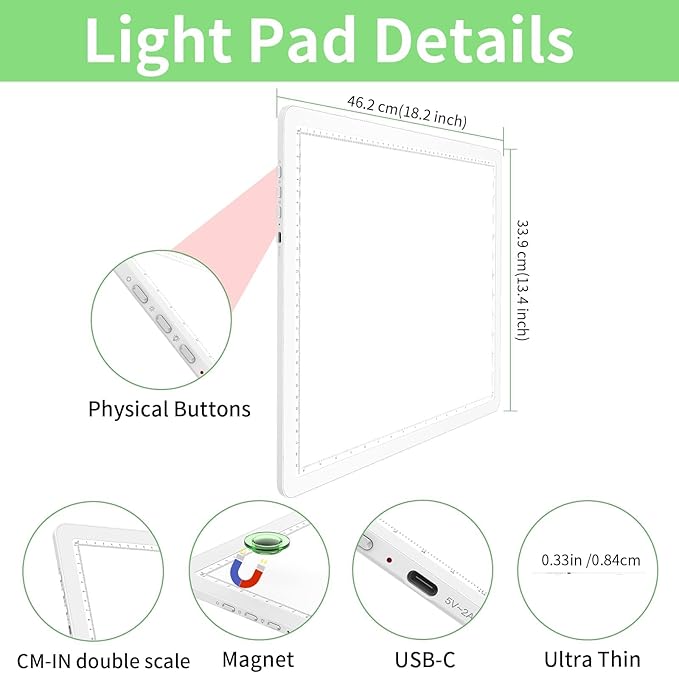 KOBAIBAN A3 Magnetic Light Pad with Bag, Rechargeable Diamond Art Light Board with Side Physical Buttons, 3 Color Light Modes Super Bright Light Table Light Box for Tracing, Drawing, Sketching (White)