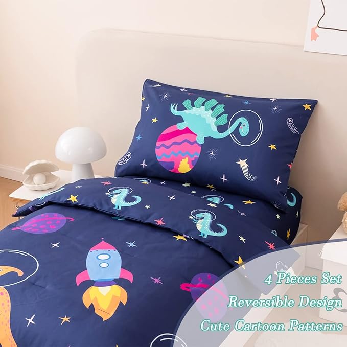 PERFEMET Toddler Bedding Set 4 Pieces Cartoon Dinosaur Planet Printed Bed in A Bag for Boys Girls Reversible Navy Blue Toddler Comforter with Sheet Set for All Season(Navy, Dinosaur/Planet/Rocket)