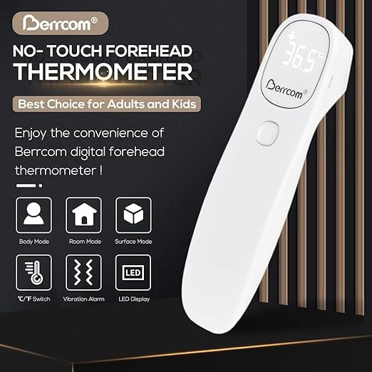 Berrcom Non Contact Infrared Thermometer Digital Forehead Thermometer for Adults and Kids Temperature Thermometer 3 in 1 with Fever Alert Touchless Baby Thermometer Large LED Display