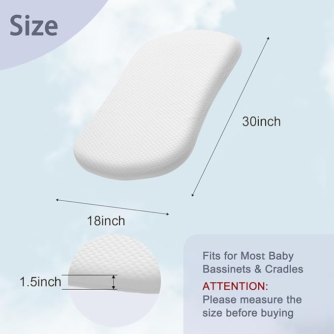 Lisara Baby Bassinet Mattress, 30 x 18 Dual Sided Gel Memory Foam Bassinet Mattress with Waterproof, Removable, Ice Silk Cover, Fit for Halo Bassinest, Swivel/Flex/Glide/Premiere/Luxe Series Sleeper