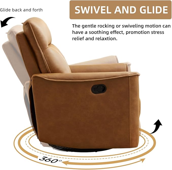 Swivel Rocker Recliner, Glider Rocking Chair, Nursing Chairs Swivel Glider Recliners with Soft Backrest, Leathaire Manual Reclining Sofa for Living Room Bedroom Apartment, Brown