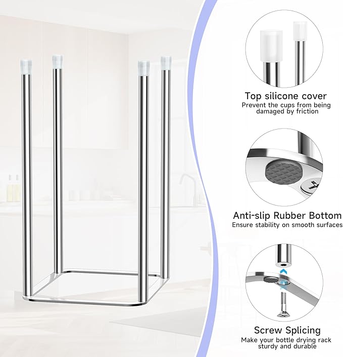 Water Bottle Drying Rack Reusable Bottle Rack Dryer Kitchen Stand Holder Stainless Steels Countertop Baby Bottle Drying Rack Water Cup Drying Rack for Plastic Bags, Bottles and Cups Silver