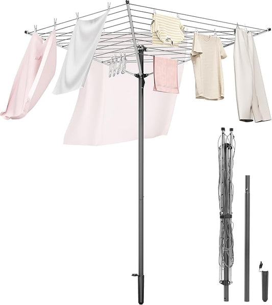 APEXCHASER Clothes Drying Rack, Outdoor Umbrella Drying Rack, Rotary Metal Drying Rack Clothing Foldable, 3-Arms Umbrella Clothesline with 98ft, Steel Frame, Backyard