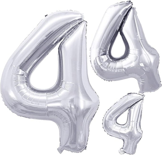 GOER Silver Foil Balloons Number 4,Huge Number Balloons for 4th Birthday Party Supplies Anniversary Decorations(3 pcs,42 inch,32 inc,16inch)