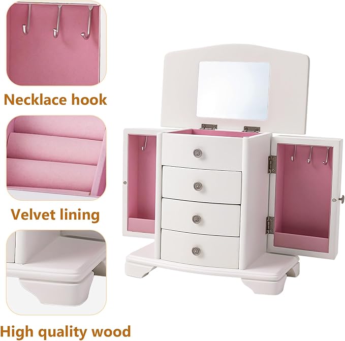 Jewelry Box,White Wooden Jewelry Box With Top Mirror, Jewelry Organizer Wooden Is Suitable For Storing Rings,Bracelets,Necklaces Etc