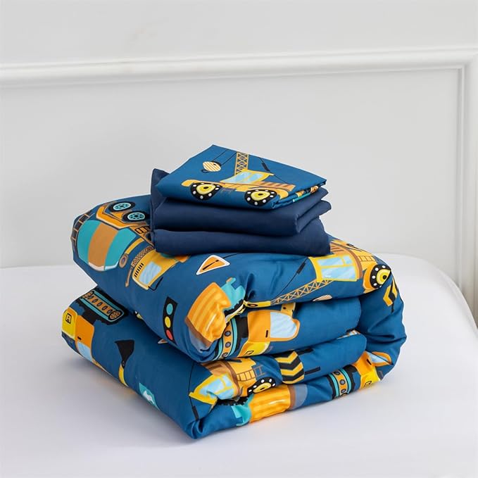 NTBED 4 Pieces Traffic Construction Toddler Bedding Set for Baby Boys,Truck Vehicles Excavator Cars Printed, Includes Comforter, Flat Sheet, Fitted Sheet and Pillowcase,Blue