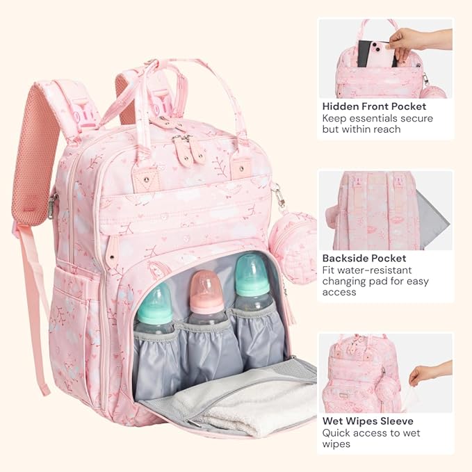 BabbleRoo Diaper Bag Backpack - Baby Essentials, Travel Essentials Baby Bag with Changing Pad, Stroller Straps & Pacifier Case - Unisex, Pink Birdy